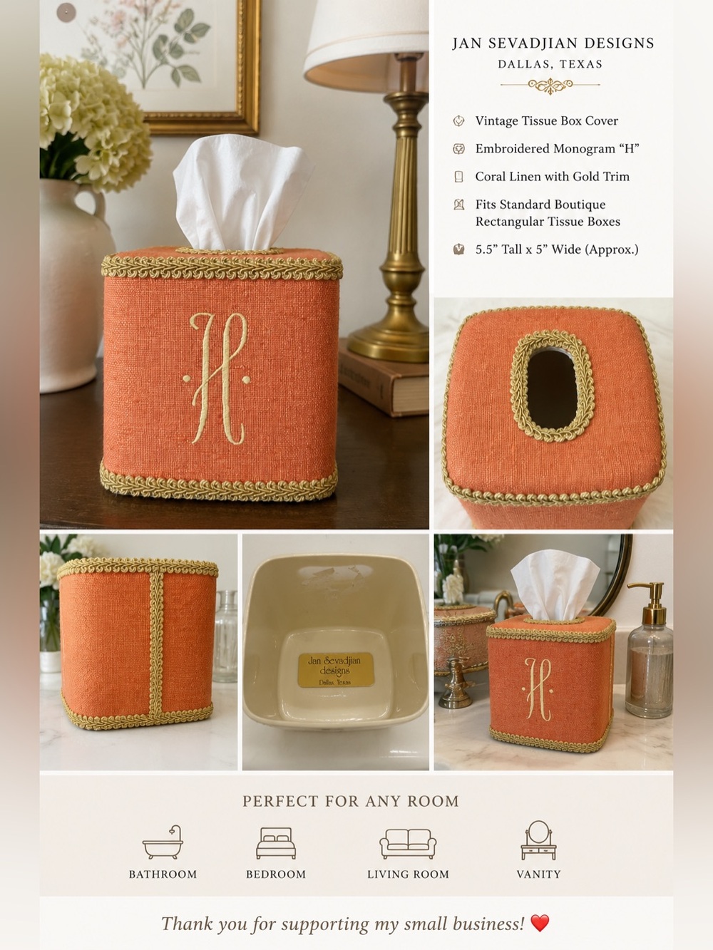 Vintage Jan Sevadjian Designs Monogram H Linen Tissue Box Cover Dallas TX